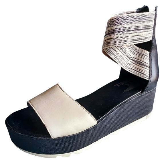 Sorel Cameron Platform Wedge Women's Sandal Elastic Ankle Strap Black Cream Sz 6 - Picture 1 of 11